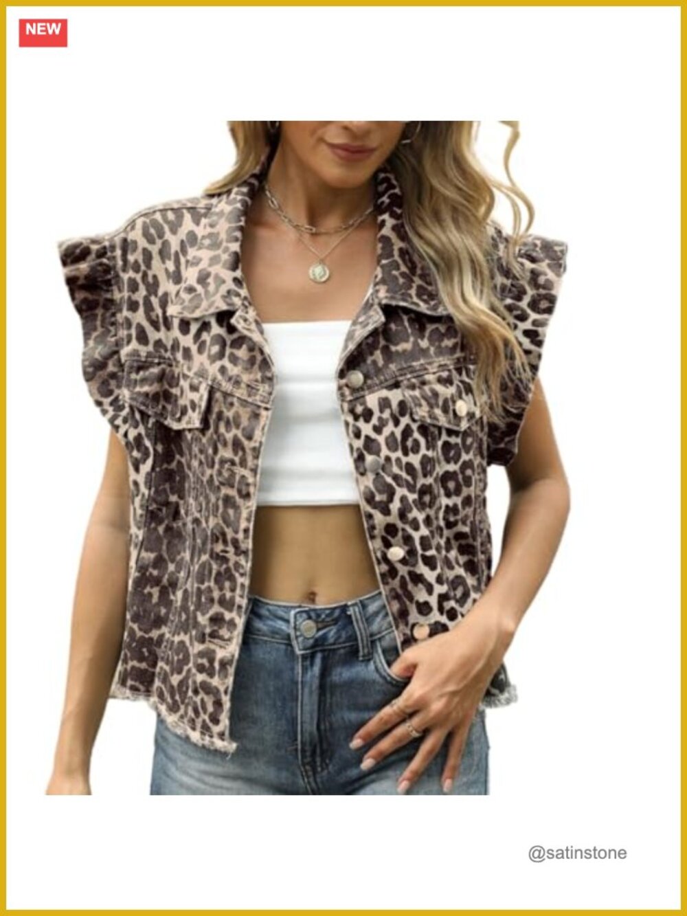 Women's Denim Vest Ruffle Sleeve Button Down Jean Crop Top Casual Summer